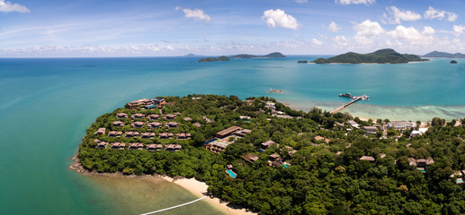 Luxury Villas Overlooking Beach On Cape Panwa, Phuket, Thailand, Aerial Panorama Shot
