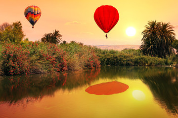 Flying hot air balloons at sunset over the river valley and a blossoming oleander. Adventure and travel 