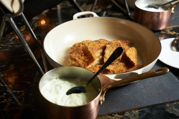 Delicious fried vegetable sliced eggplant in pan