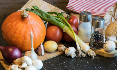 Decorations of autumn vegetables made from pumpkins, potatoes, onions and other species