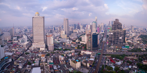 Modern Skyline Of Sathorn District In Central Bangkok, Thailand, Aerial Panorama