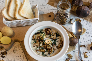 creamy soup of forest mushrooms, dill, eggs and cream - Kulajda