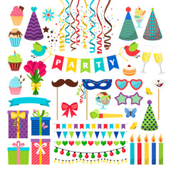 Birthday party design elements. Birthday celebration invitation decorations isolated on white