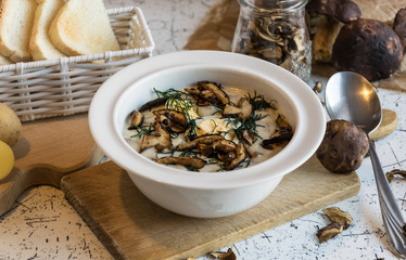 creamy soup of forest mushrooms, dill, eggs and cream - Kulajda