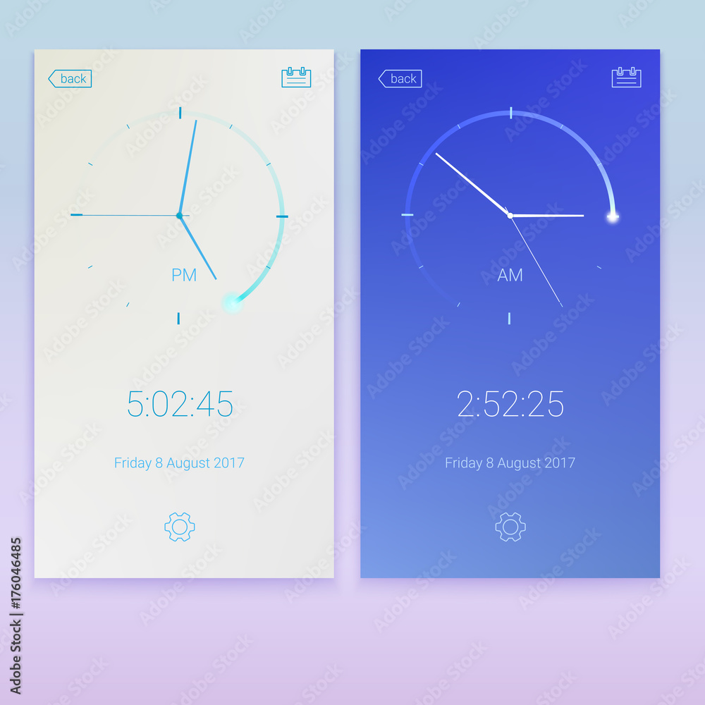 Poster clock application, concept of ui design, day and night variants. digital app, user interface kit, ui