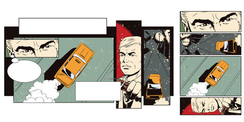 Collage on theme transport and road. Taxi driver.