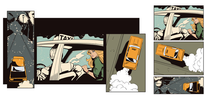 Collage on theme transport and road. Taxi driver.