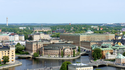Fototapeta na wymiar Aerial view of parliament building (Riksdag) and royal palace from the town hall, sunny day, Stockholm, Sweden