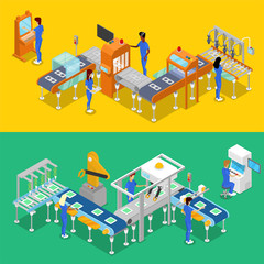 Isometric 3D production line concept set. Industrial goods production, mechanical conveyor with workers, manufacturing process. Factory equipment, smart robotic assembly line vector illustration.