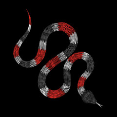 snake and red roses. Traditional stylish floral embroidery stitch on a black background. Sketch for printing on fabric, clothing, bag, accessories and design. Vector, trend