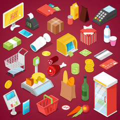 Supermarket shopping isometric 3D set. Food and drinks, money, credit card and payment terminal, shopping basket and trolley cart, cashbox and scales, market refrigerator vector illustrations.