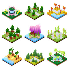 Public park landscapes isometric 3D set. Flower bed, sandy beach with palm trees, pool with water, lawn with green grass and decorative trees, park roads and benches, blue lake vector illustration.