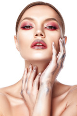 Beautiful Woman Face Portrait Beauty Skin Care Concept Beautiful beauty young female model girl touching her face skin cheeks hands fingers. Fashion Beauty Model isolated on white