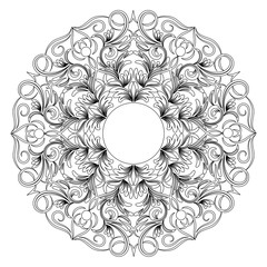 Vector floral mandala in black and white. Round pattern for coloring