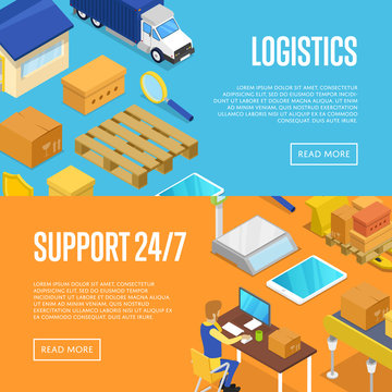 24/7 delivery support and warehouse logistics isometric posters. Freight shipping and distribution, delivery transportation, warehouse management. Commercial cargo transportation vector illustration.