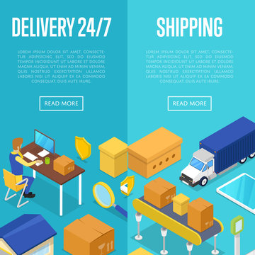 24/7 delivery and freight shipping isometric posters. Logistics and distribution, fast delivery transportation, warehouse management. Commercial cargo transportation vector illustration.
