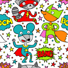 Superheroes. Raccoon, mouse and fox. Cartoon. Seamless vector pattern (background).