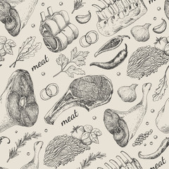 Seamless pattern with different meat products