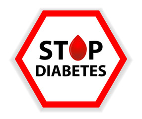 Sign Stop Diabetes with a drop of blood isolated on a white background. Medical hexagonal symbol. Vector
