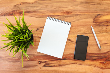 Top view of the table with office accessories