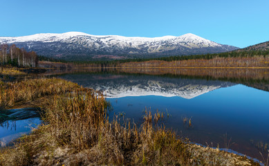 Panorama of a mountain lake against a background of snowy peaks