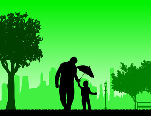 Fototapeta na wymiar Father walking with his child in park with umbrella, one in the series of similar images silhouette