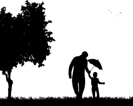 Father walking with his child in park with umbrella, one in the series of similar images silhouette