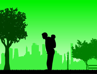 Father carrying a child piggyback on the street, one in the series of similar images silhouette