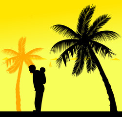 Father carrying a child piggyback on the beach, one in the series of similar images silhouette