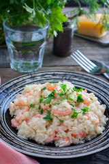 Risotto with shrimps, selective focus