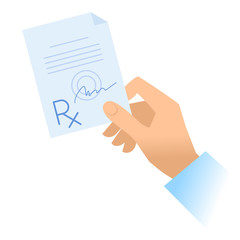Human hand holds rx prescription. Flat illustration of doctor's hand holding pharmaceutical document. Medicine, medical exam and diagnosis concept. Vector design elements isolated on white background.