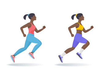 Fototapeta na wymiar The running afroamerican woman set. Side view of active sporty running young women in a sportswear. Sport, jogging, fitness, workout, active people, concept. Flat vector illustration isolated on white