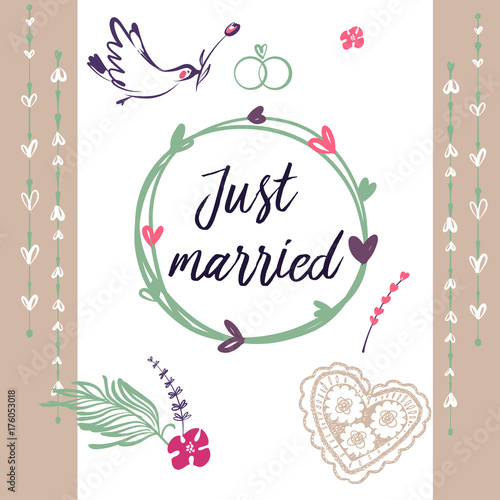 Hand Drawn Ilration Template Postcard Banner Poster For Just Hand Drawn Ilration Template Postcard Banner Poster For Just Married Bird With Rose Image Wedding Agency Studio