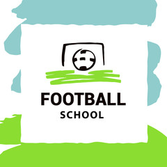 Sketch vector illustration. Element design poster, banner, card, logo, certificate template for football, soccer school, hobby. Ball in goal