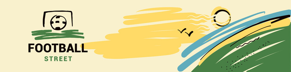 Sketch vector illustration. Element design poster, banner, card, logo, certificate template for football, soccer school, hobby. Ball in goal