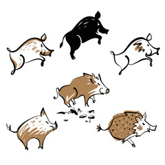 Vector sketch illustration. Set of wild boar image 