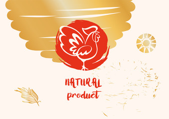 Freehand drawn sketch vector illustration. Silhouette rooster on color background. Template logo with chicken. Horizontal banner for natural product, food