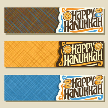 Vector set of banners for Hanukkah holiday with copy space, 3 web headers with gelt coins & playing spinning dreidels, original decorative font for text happy hanukkah on abstract geometric background