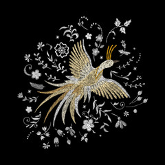 phoenix, firebird. white lace Traditional stylish fashionable embroidered embroidery on a black background. sketch for printing on fabric, bag, clothes, accessories and design. trend vector