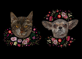 portrait of a dog and cat with flowers. traditional stylish fashionable embroidered embroidery on a black background. sketch for printing on fabric, bag, clothes, accessories and design. trend vector