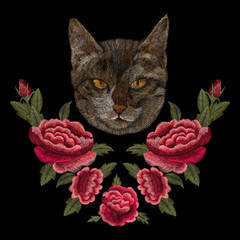 portrait of a cat and flowers. traditional stylish fashionable embroidered embroidery on a black background. sketch for printing on fabric, bag, clothes, accessories and design. trend vector