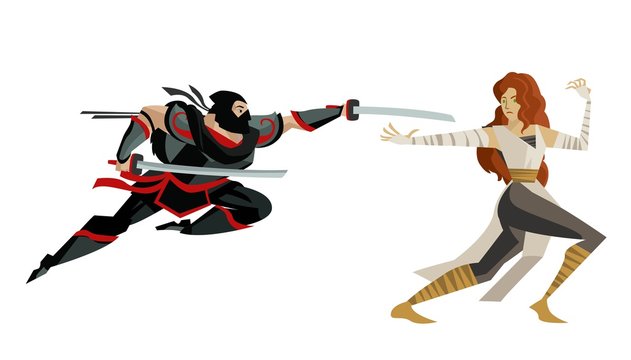 white ninja fighting a black ninja