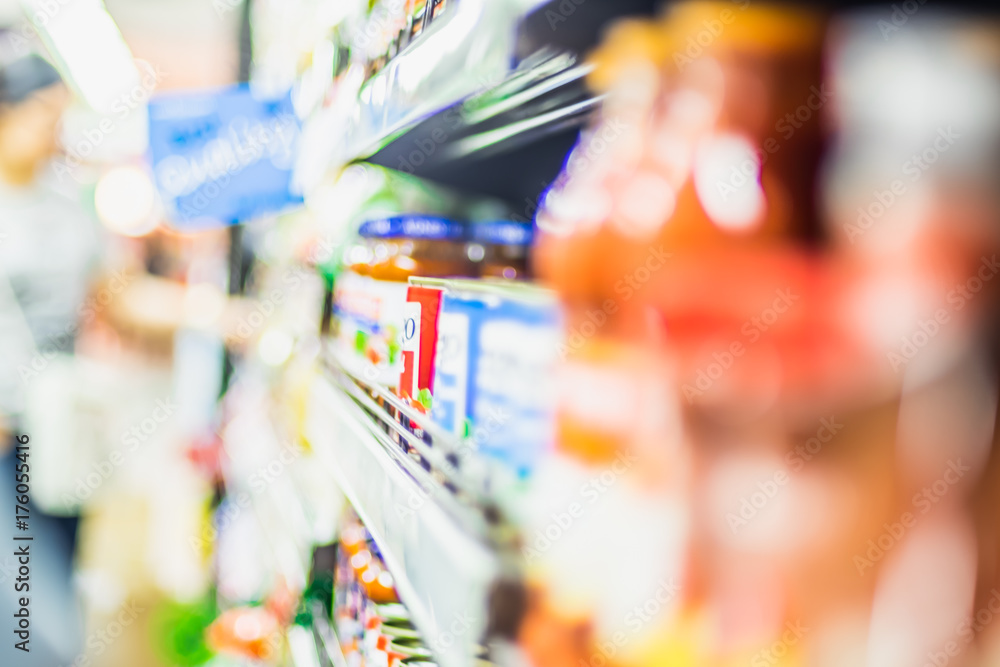 Poster blurred background of product on shelf at supermarket while people choosing object