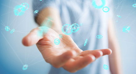 Businessman using flying network connection interface 3D rendering