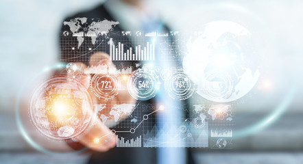 Businessman using hologram screen with digital datas 3D rendering