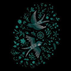 swallow and lace flowers.traditional stylish fashionable embroidered embroidery on a black background. sketch for printing on fabric, bag, clothes, accessories and design. trend vector
