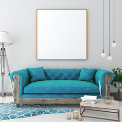 mock up poster frame in light interior background with blue sofa, carpet and table, classic style, 3D render
