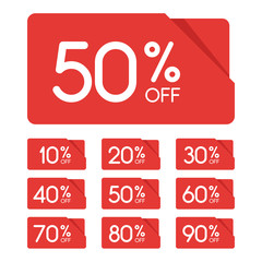 Sale tag set. 10, 20, 30, 40, 50, 60, 70, 80, 90 percent off.