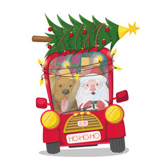Santa Claus is riding a red car with a dog, a Christmas tree, gifts and a garland. vector illustration, holidays, christmas, new year