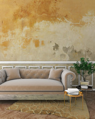 mock up classic interior with yellow plaster wall, white moldings on wall, beige sofa and brown carpet. 3d render